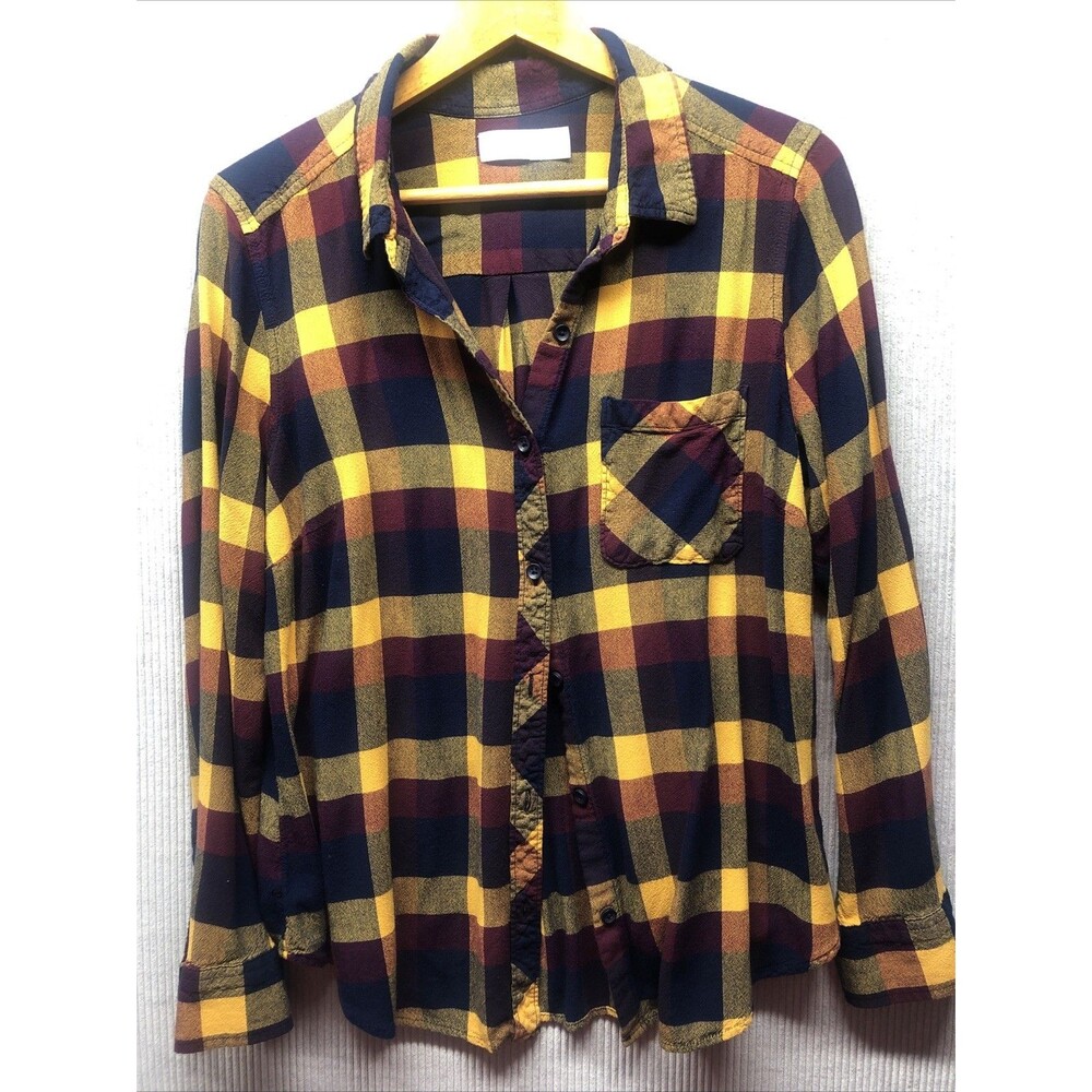 Time And Tru Long Sleeve Button Down Shirt Large 10-14 Yellow Blue Burgundy